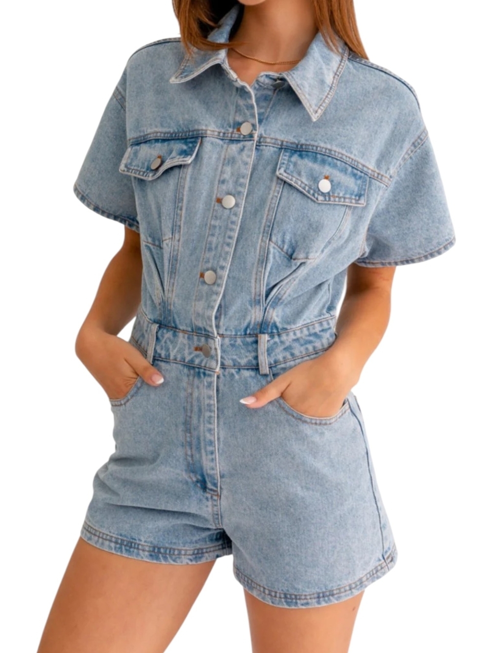 Le Lis Light Wash Denim Short Sleeve Romper